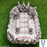 Pink Unique Newborn Baby Round Tub Bedding Set, Reversible Bed Set Cum Mattress with 3 Multi Shape Pillows for Newborn to Toddlers ( Blue& Sky Blue) - Free Size, Grey & White